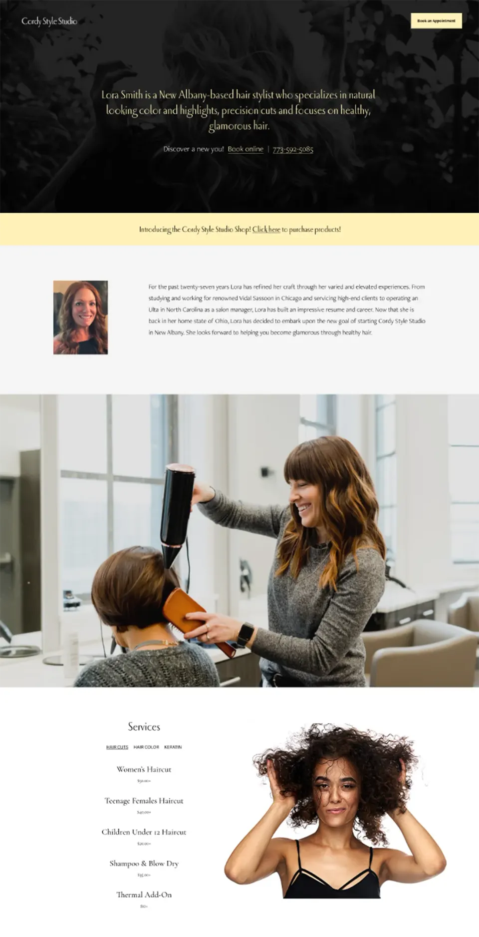 Cordy Style Studio website: dark hero with booking button, stylist bio, a photo of a stylist blow-drying a client’s hair and the services list