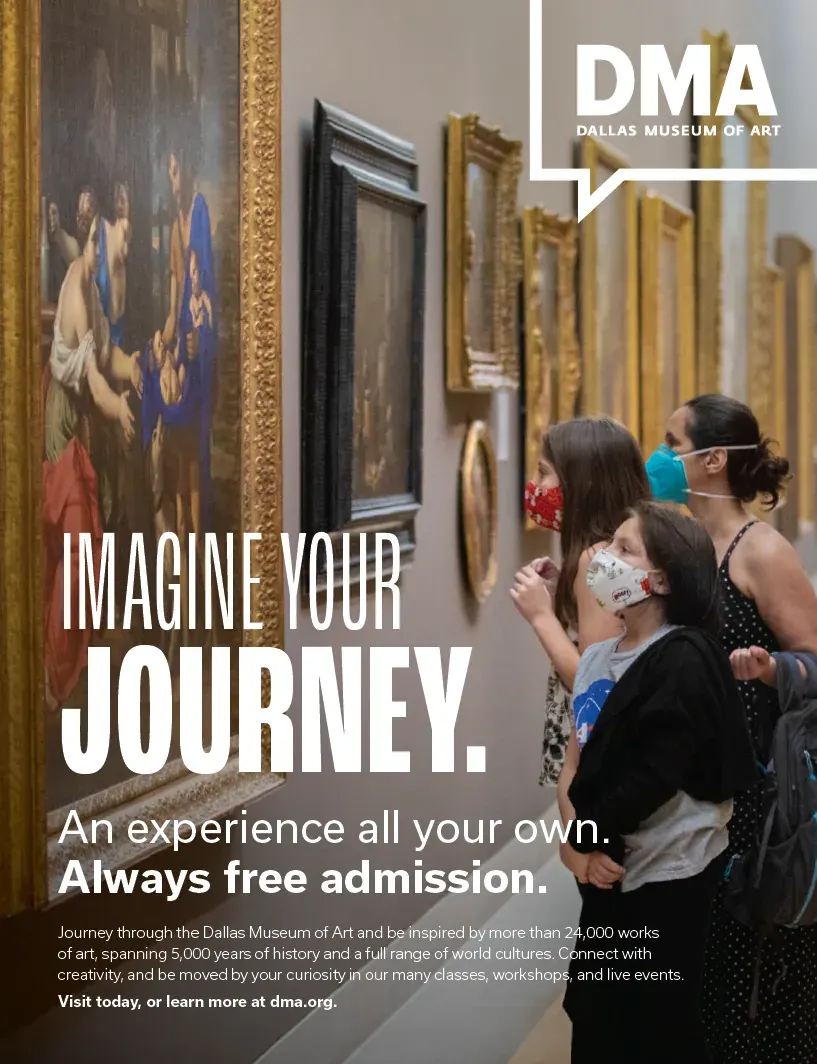 Full-page ad of visitors looking at paintings with the headline Imagine Your Journey