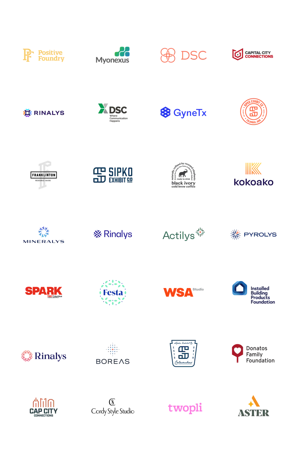 Grid of logos designed by Joe Van Hove, including Positive Foundry, Myonexus, DSC, Capital City Connections, Sipko Exhibit Co, Rinalys, Spark TEDxColumbus, Cordy Style Studio and more