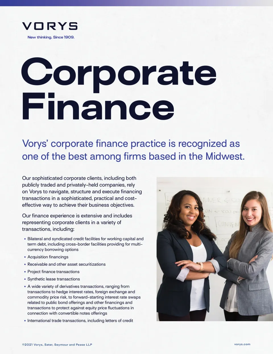 Corporate Finance practice page: ‘Vorys’ corporate finance practice is recognized as one of the best among firms based in the Midwest.’ with a photo of two colleagues