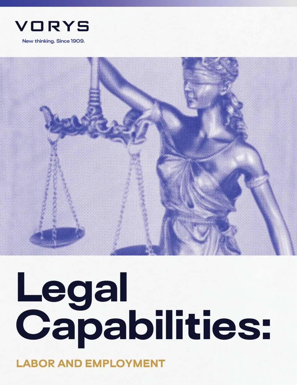 Legal Capabilities: Labor and Employment cover, with a blue duotone Lady Justice holding scales