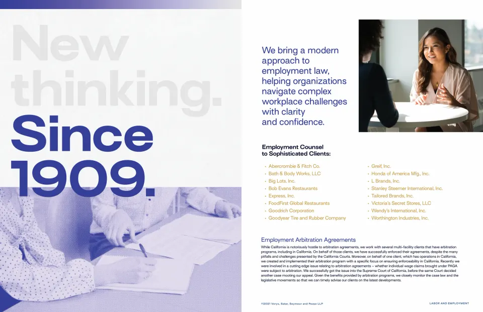 Spread: the ‘New thinking. Since 1909.’ divider beside an employment law page with a photo of a client meeting and a client list