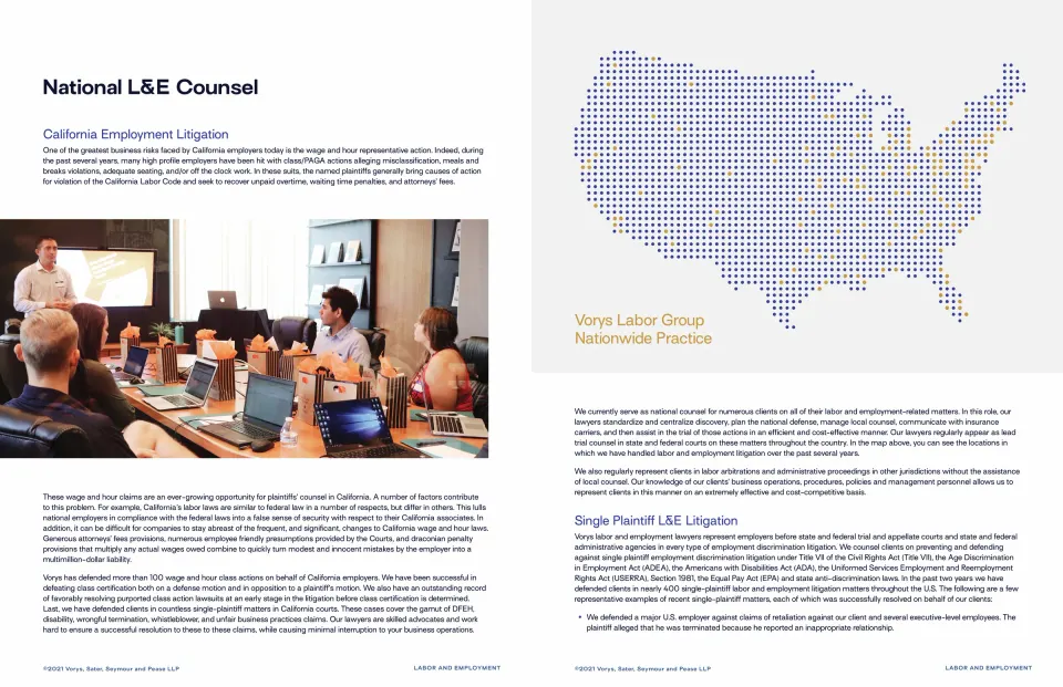 Spread: ‘National L&E Counsel’ text with a meeting photo, beside a dotted map of the United States
