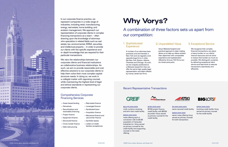 Spread: a blue duotone city skyline beside corporate finance services, and ‘Why Vorys?’ with representative transactions