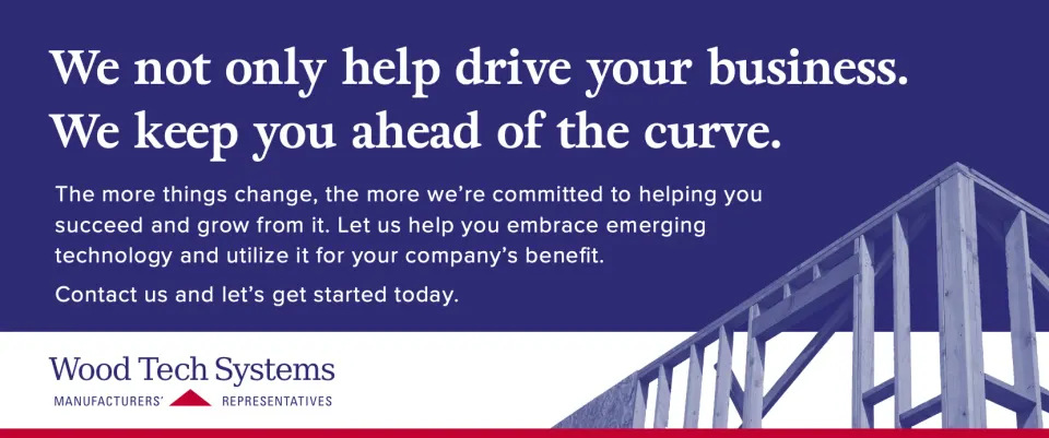 Print ad on navy: ‘We not only help drive your business. We keep you ahead of the curve,’ with timber framing and the Wood Tech Systems logo