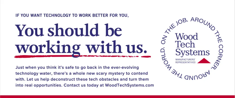 Print ad on white: ‘You should be working with us.’ with the circular Wood Tech Systems logo