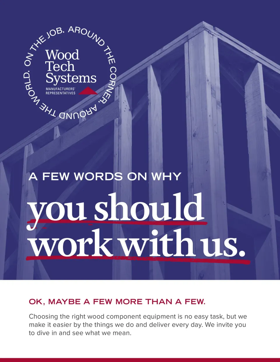 A Few Words brochure cover: a navy photo of timber framing, the circular Wood Tech Systems logo and the headline ‘you should work with us.’