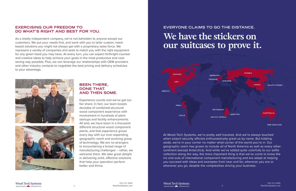 Brochure spread: ‘Exercising our freedom’ with team photos on white, and ‘We have the stickers on our suitcases to prove it’ with a world map on navy